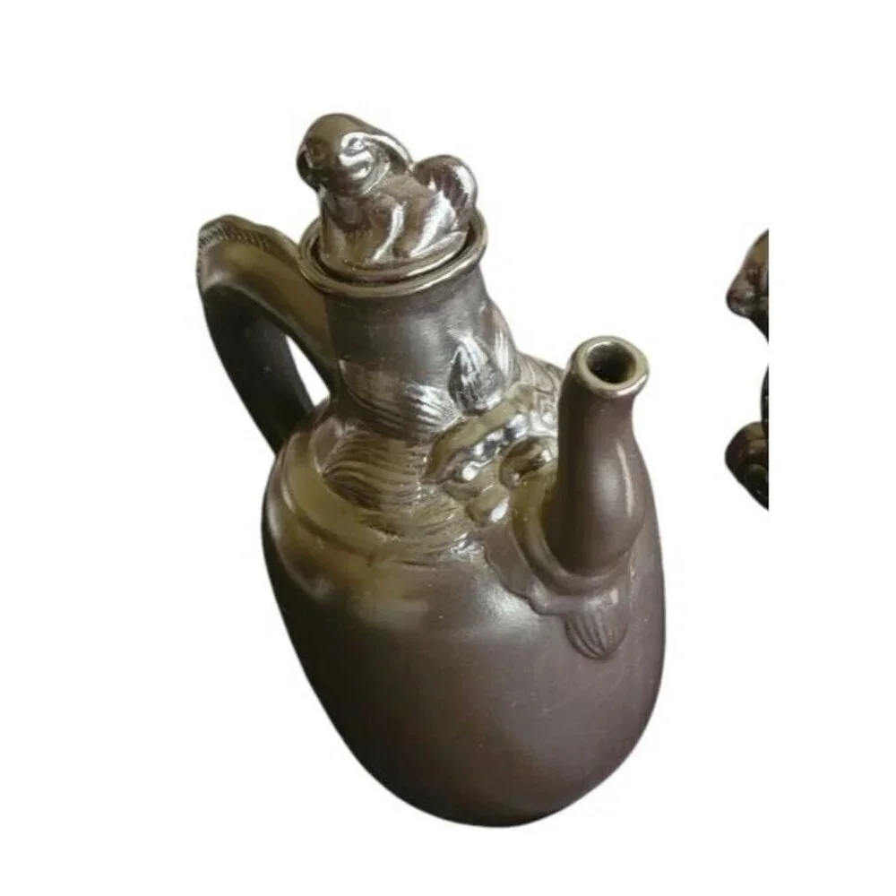 Lot of 2 Asian DOG Teapot 2 cup and Water Pitcher 3 cup MUTED BLACK Porcelain